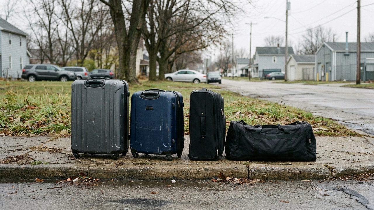 Row of hard shell suitcases and a golf bag lined up on a pavement beside a kerb, no people