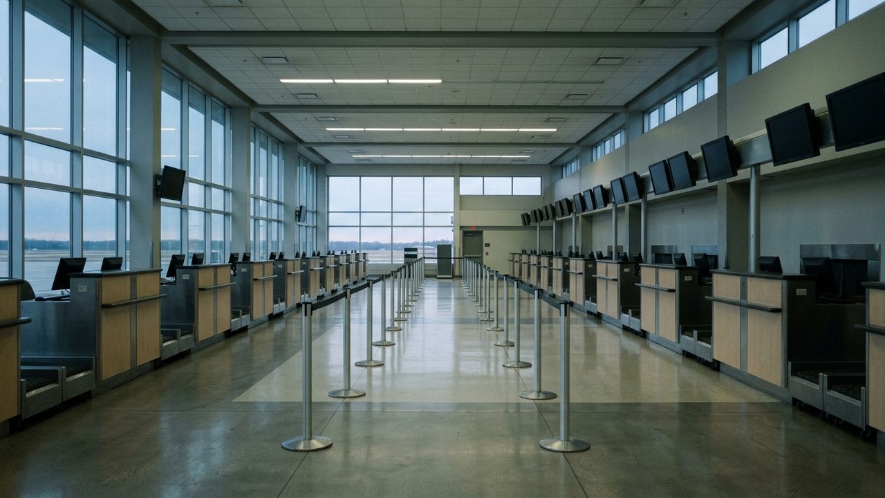 Empty airport departures hall at dawn with check in desks and a polished floor, no people