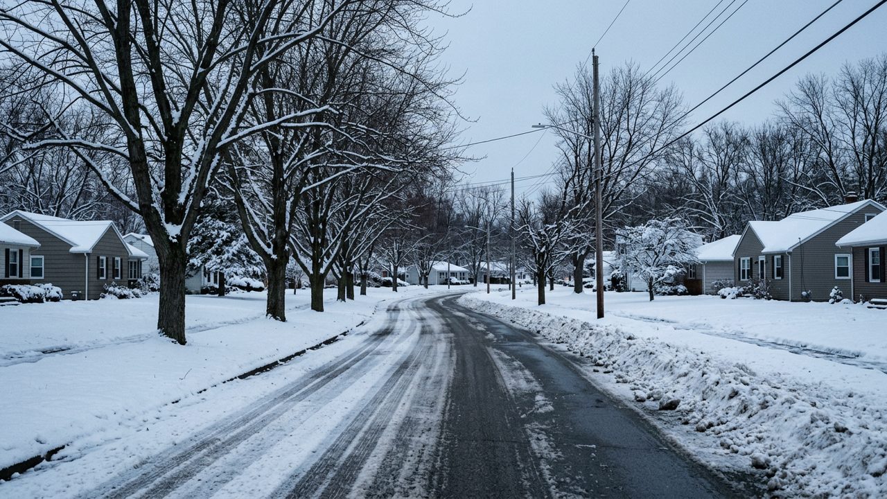 Snow covered suburban road at dawn with bare trees and a plough line along the kerb, no vehicles