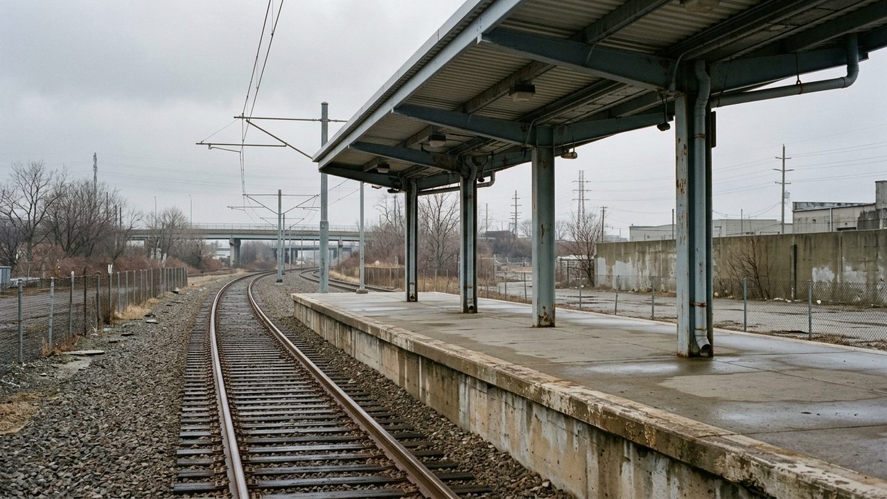 Empty light rail platform under a station canopy in flat daylight, tracks curving away, no people