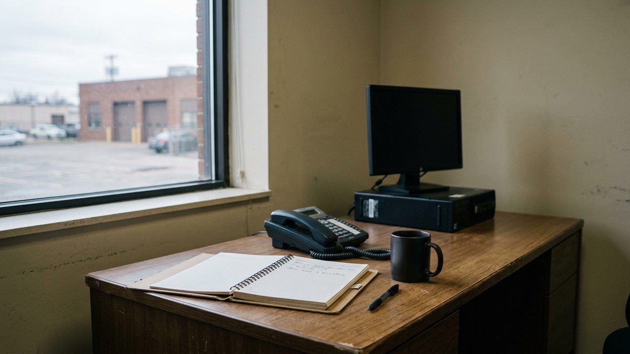 Plain working desk by a window with an open paper diary, a landline handset, a monitor, a pen and a mug