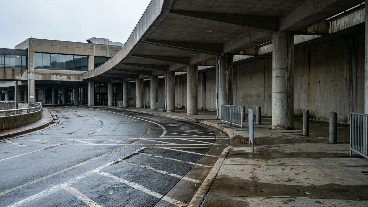 Empty airport arrivals kerb under a concrete canopy on a grey afternoon, wet pavement and worn lane markings